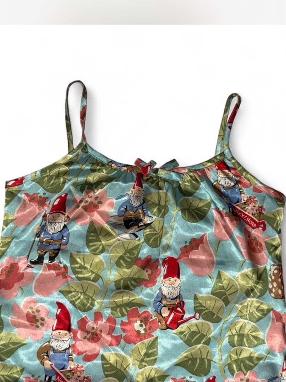 BNWOT Nick & Nora Blue Floral Gnome Print Camisole Satin-like Dress - Picture 2 of 8